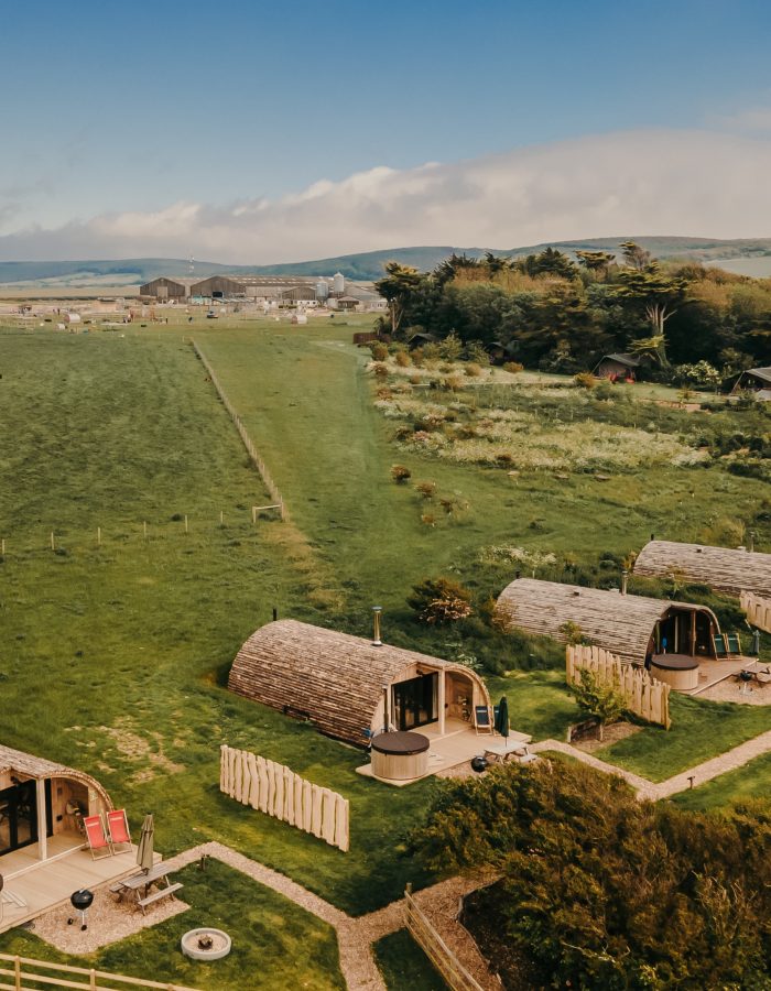 Tapnell Farm Toms Eco Lodge glamping aerial view